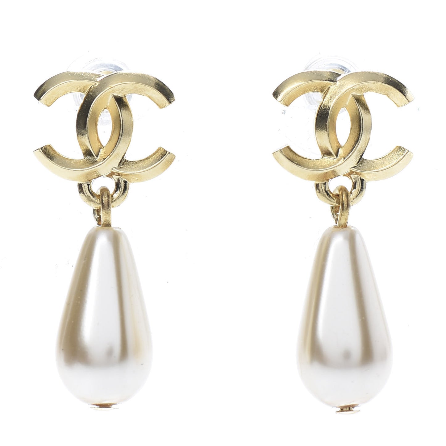Metal CC Pearl Drop Earrings Gold
