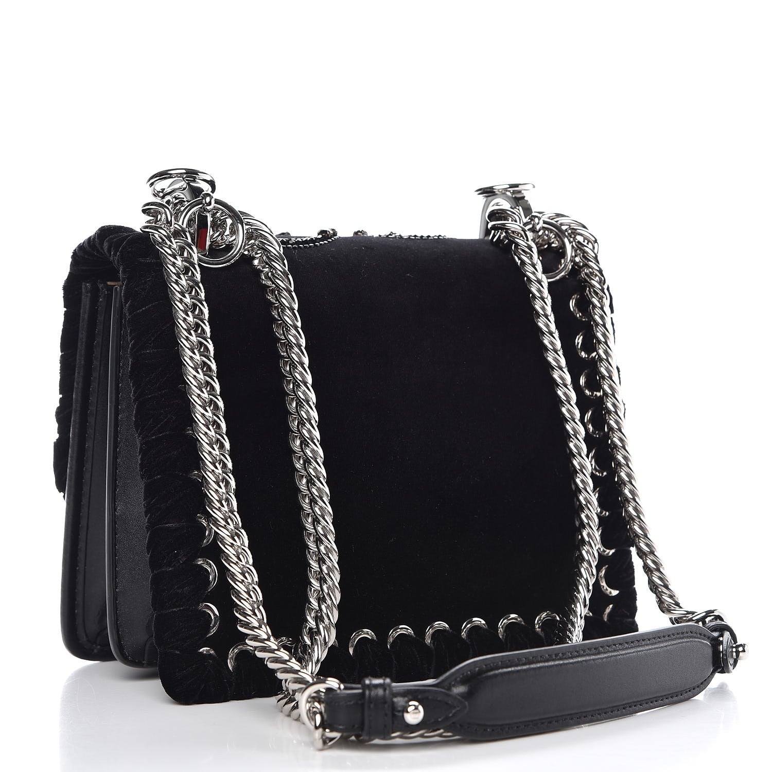 Fendi Velvet Vitello Liberty Crystal Logo Lace Up Small Kan I Shoulder Bag Black 3 of 8