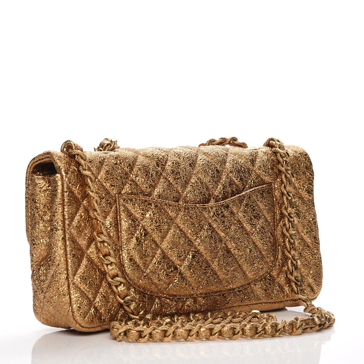 Metallic Crackled Calfskin Quilted East West Flap Dark Gold