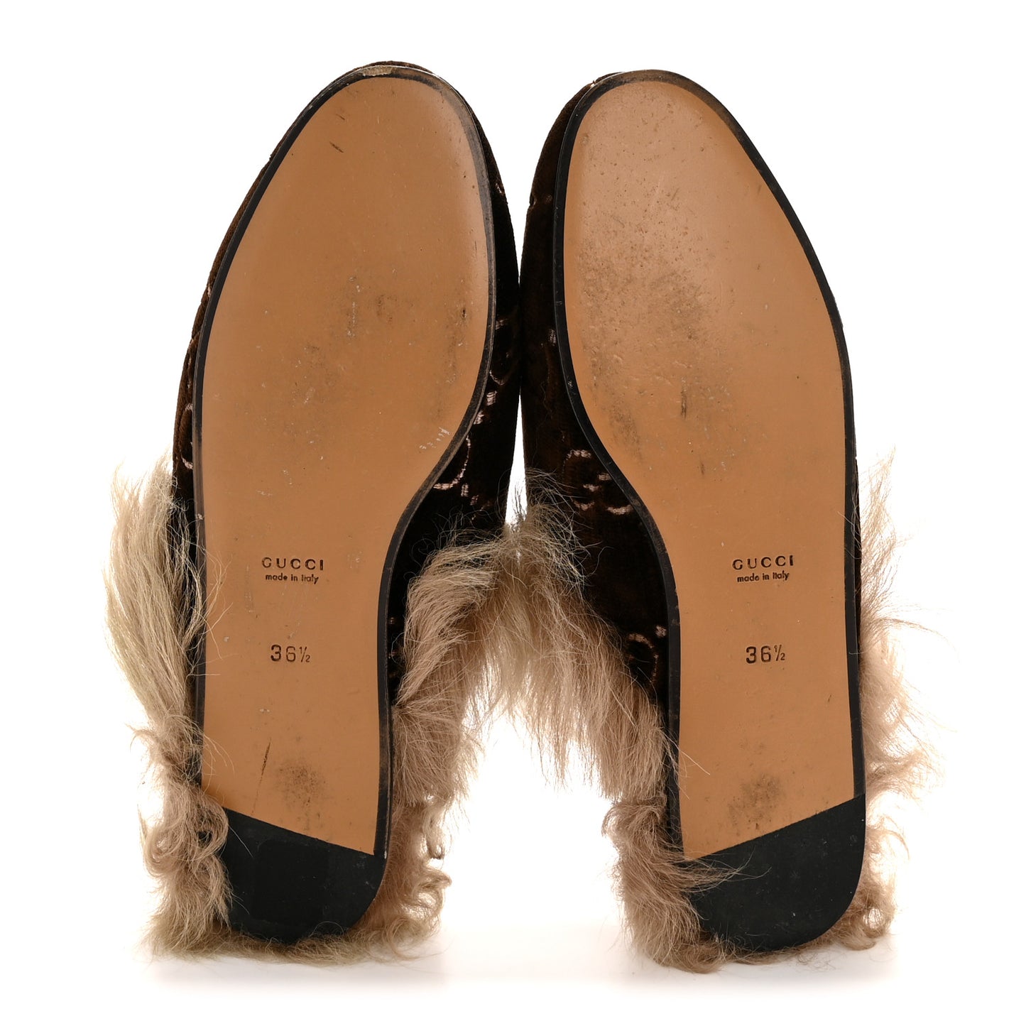 Velvet GG Monogram Fur Womens Princetown Slippers 36.5 Brown Black Natural