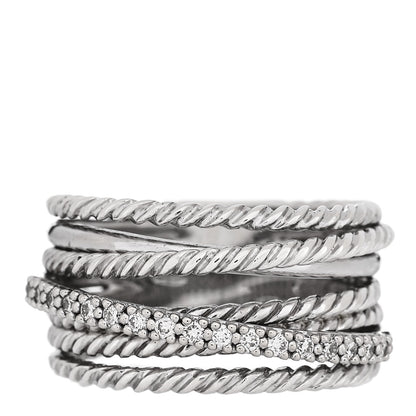 David Yurman Sterling Silver Diamond 12mm Wide Crossover Cable Ring 54 7 1 of 4