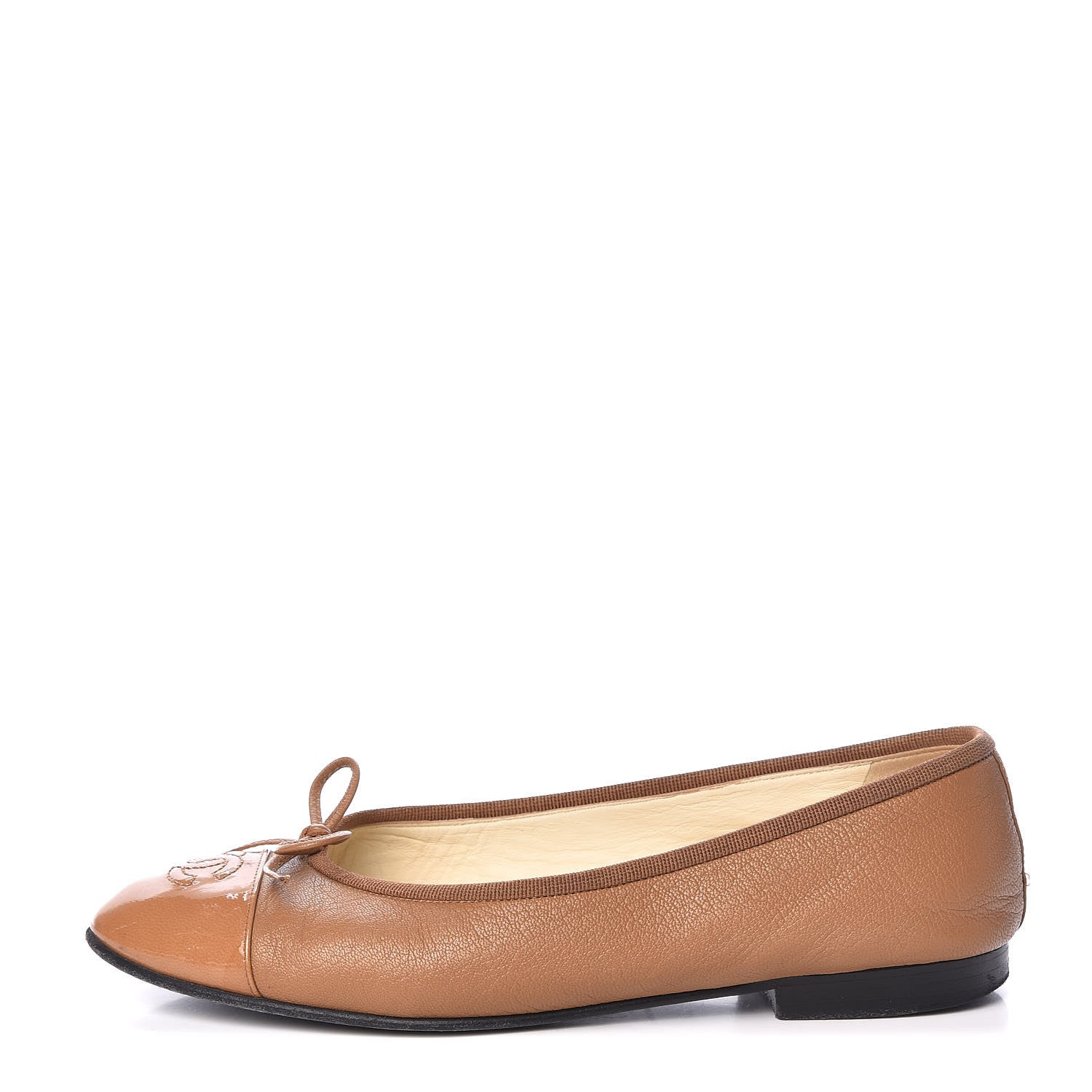 Chanel Patent Goatskin Cap Toe Ballerina Flats 37.5 Camel 1 of 18