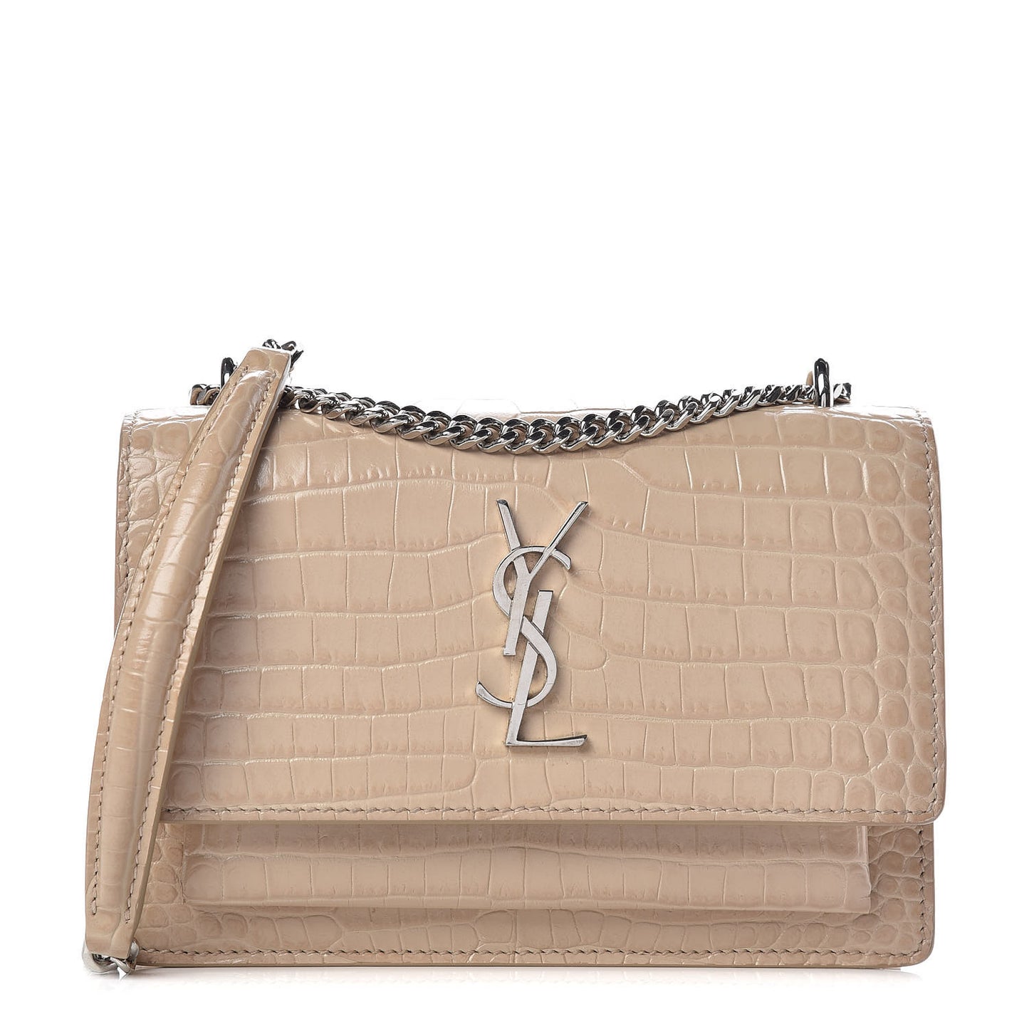 Calfskin Crocodile Embossed Monogram Sunset Chain Wallet Dark Beige