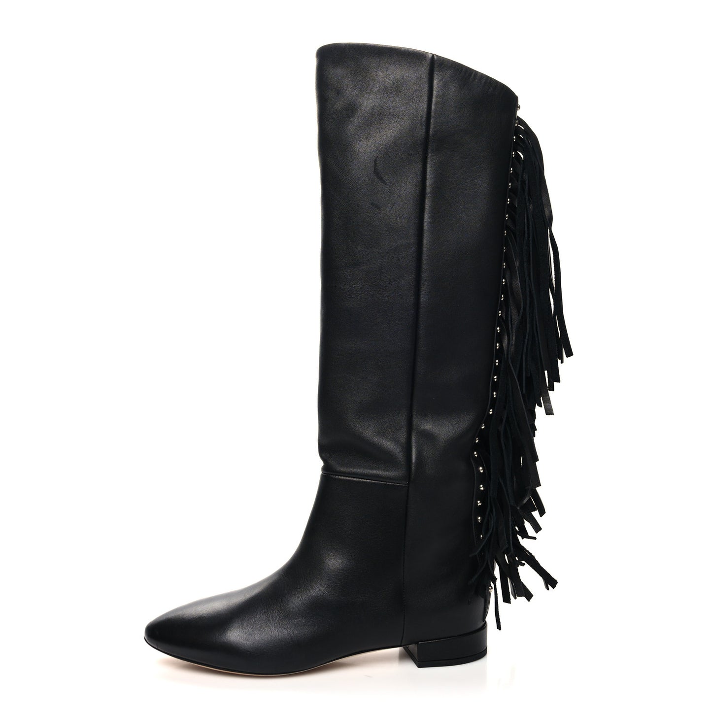 Calfskin Dana Knee High Fringed Boots 35.5 Black