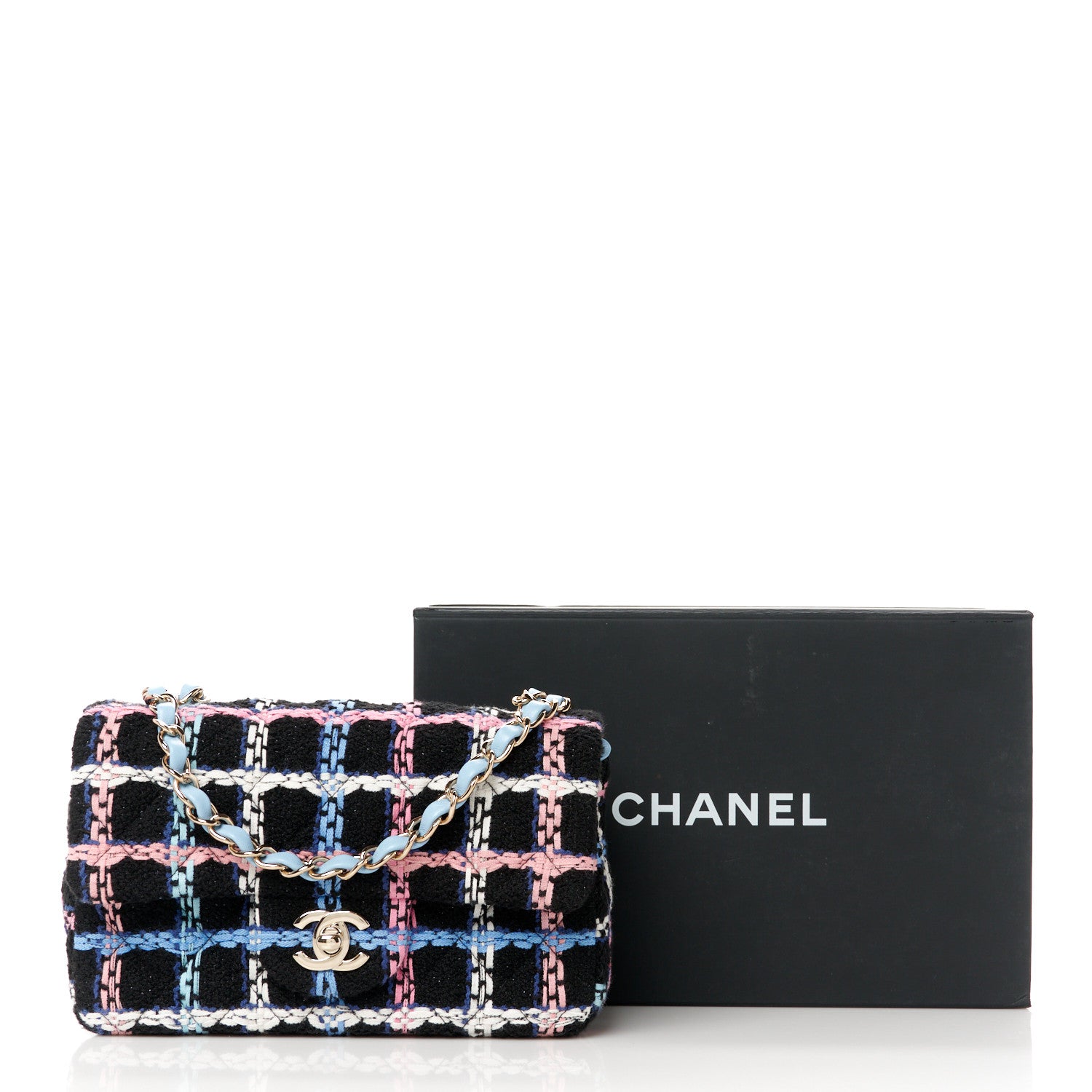 Chanel Tweed Quilted Mini Rectangular Flap Black Pink Blue Ecru 12 of 12