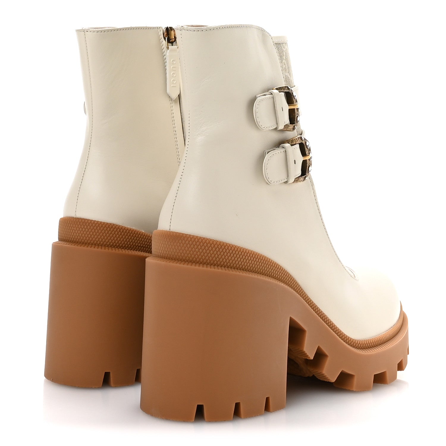 Gucci Kensington Calfskin Nappa GG Supreme Monogram Womens Double Buckle Ankle Boots 41.5 Mystic White Beige 5 of 9