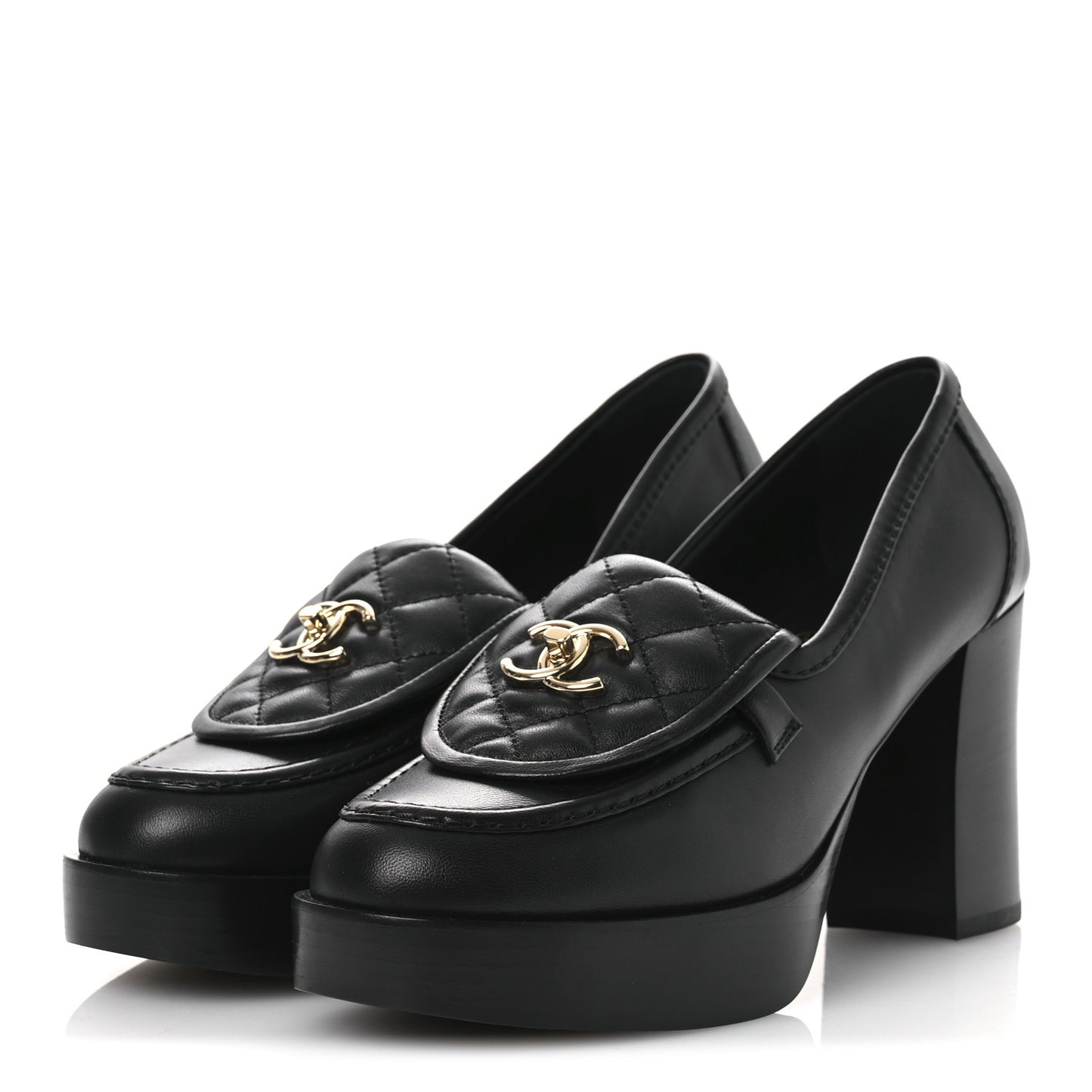 Lambskin Quilted CC Turnlock Platform Moccasins 37 Black