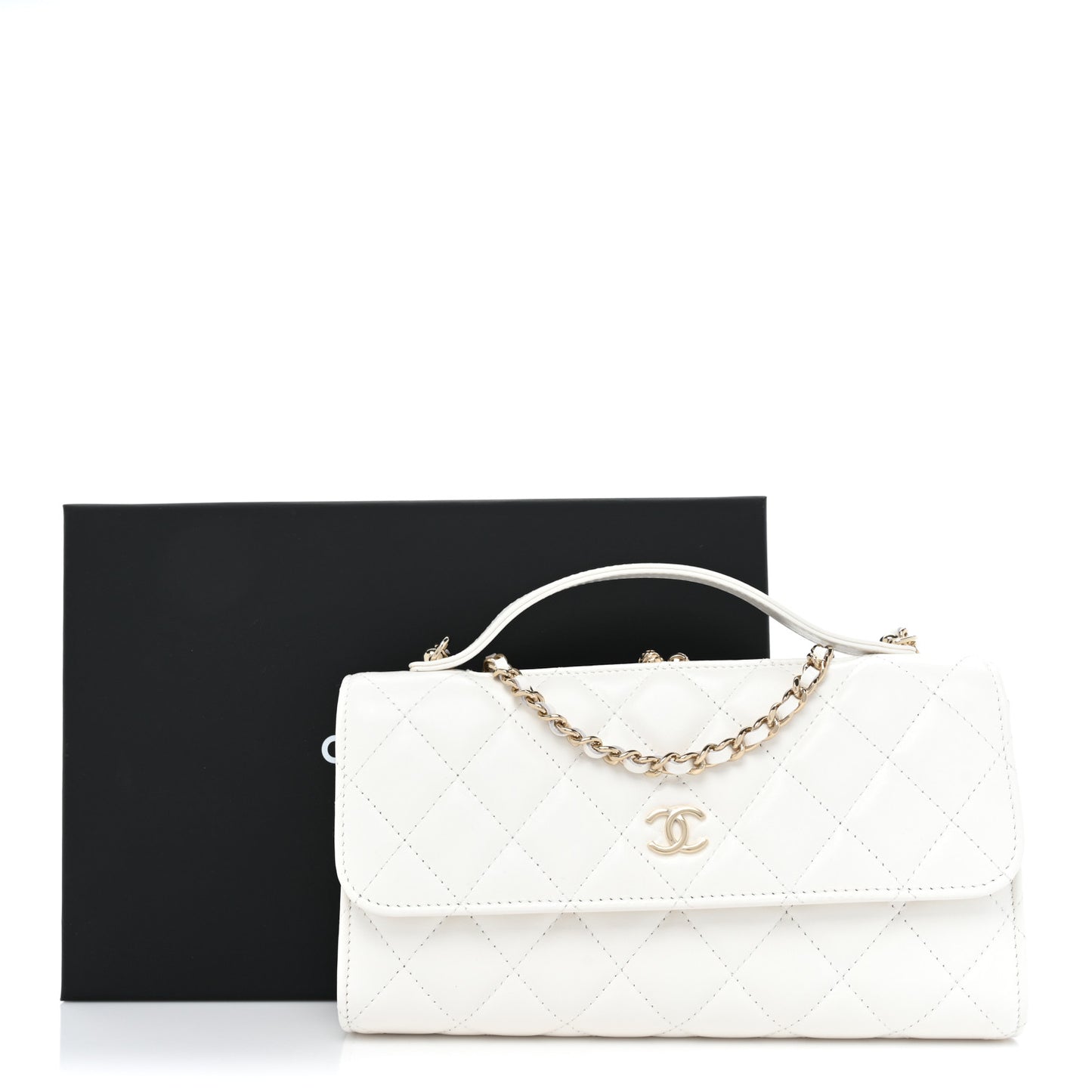 Shiny Calfskin Quilted Flap Phone Holder With Chain White