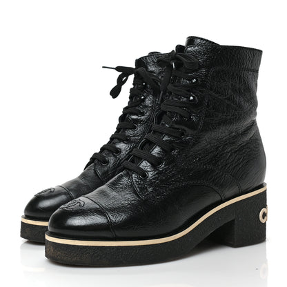 Chanel Shiny Crumpled Lambskin Lace Up Combat Boots 38 Black 3 of 9