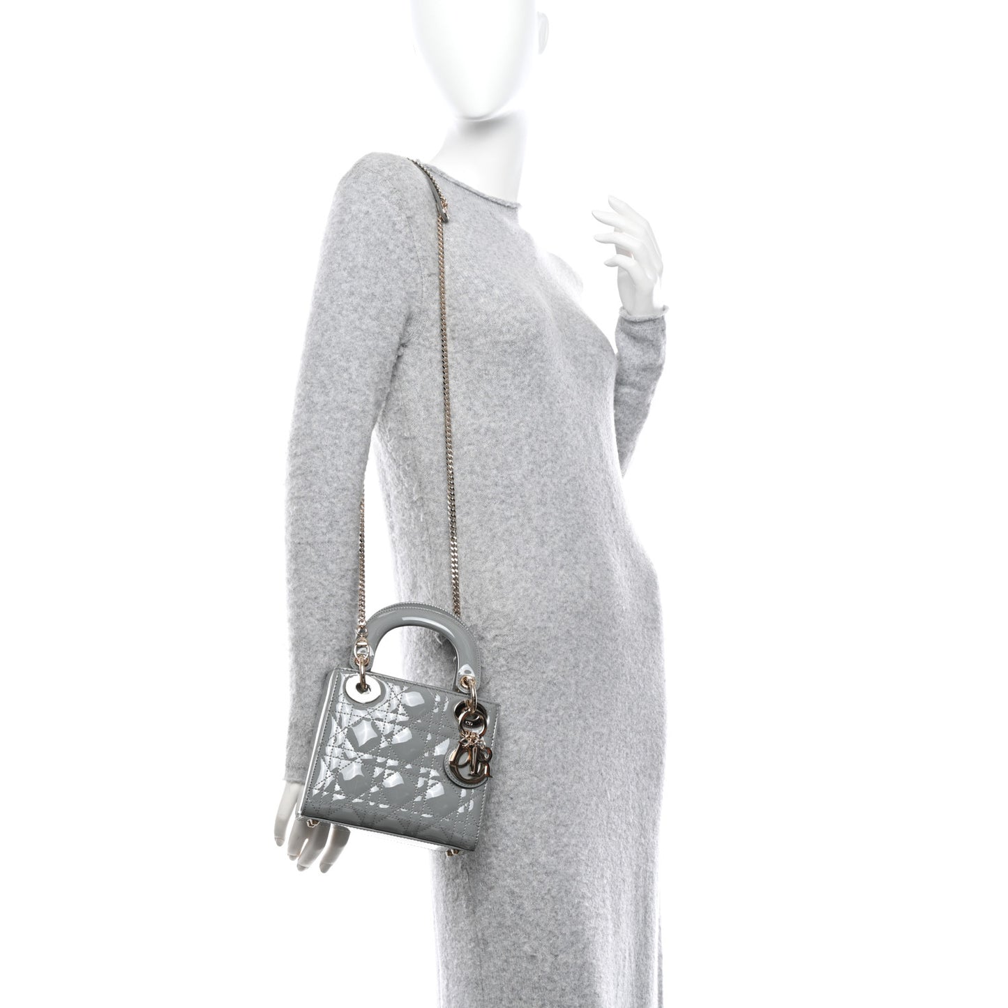 Patent Cannage Mini Lady Dior Grey Stone