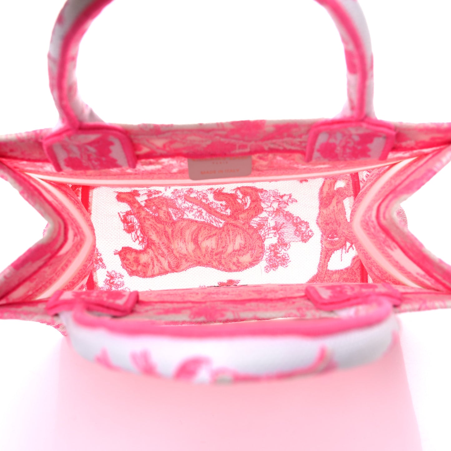 Transparent Canvas Embroidered Small Toile De Jouy Reverse Book Tote Fluorescent Pink