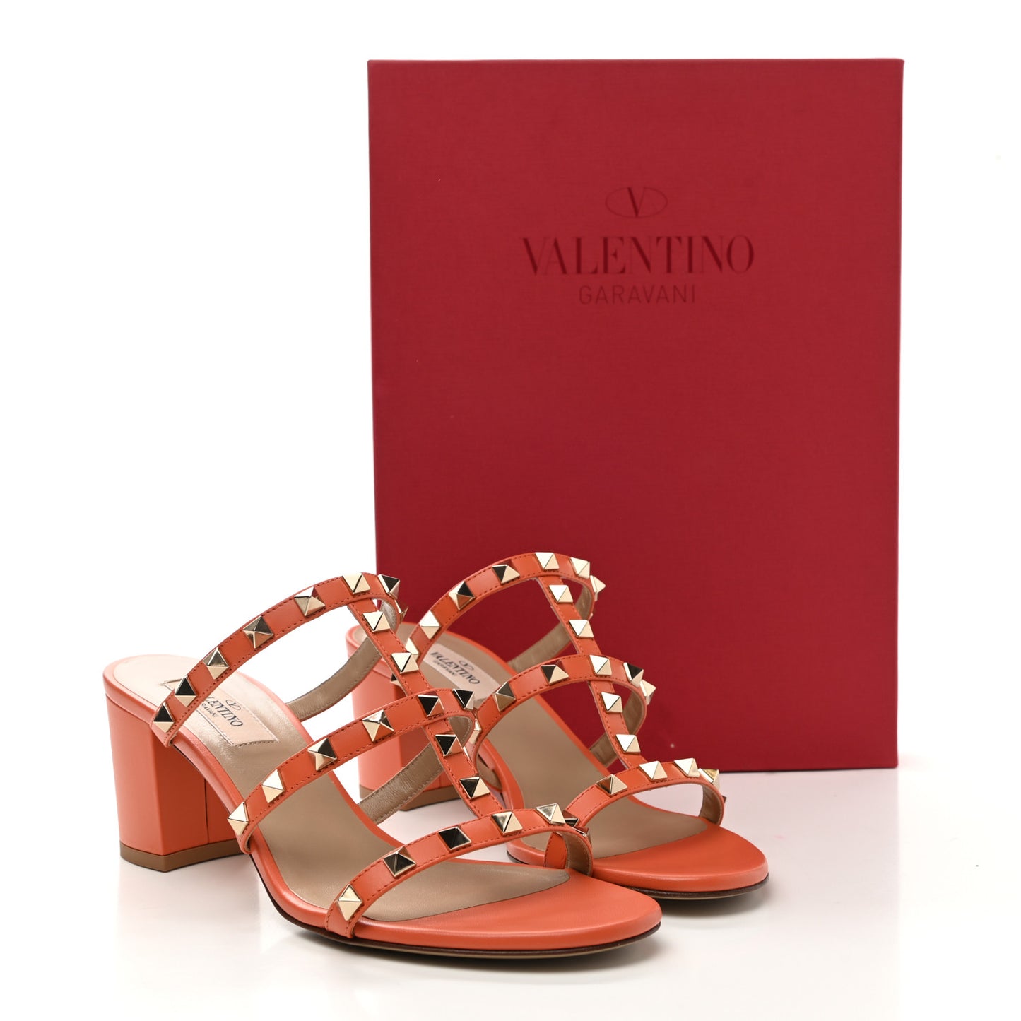Calfskin Rockstud 60mm Caged Slide Sandals 38 Orange Zest