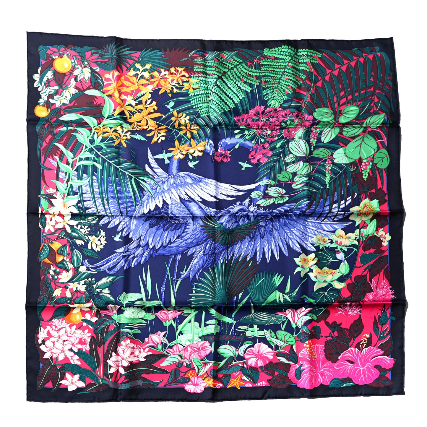 Silk Flamingo Party Scarf 90 Caban Vert Rose Vif