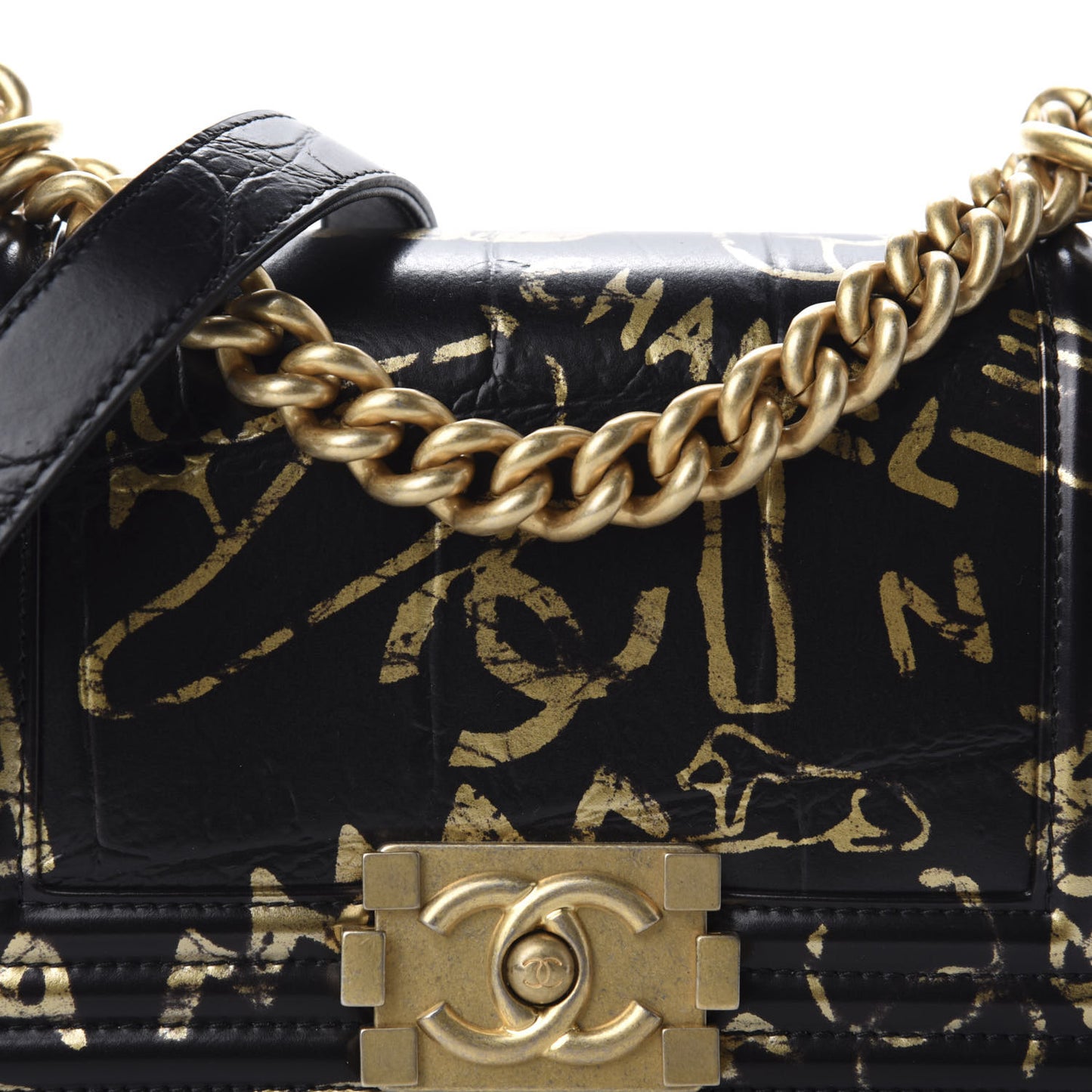 Calfskin Crocodile Embossed Graffiti Cocodile Small Boy Flap Black Gold