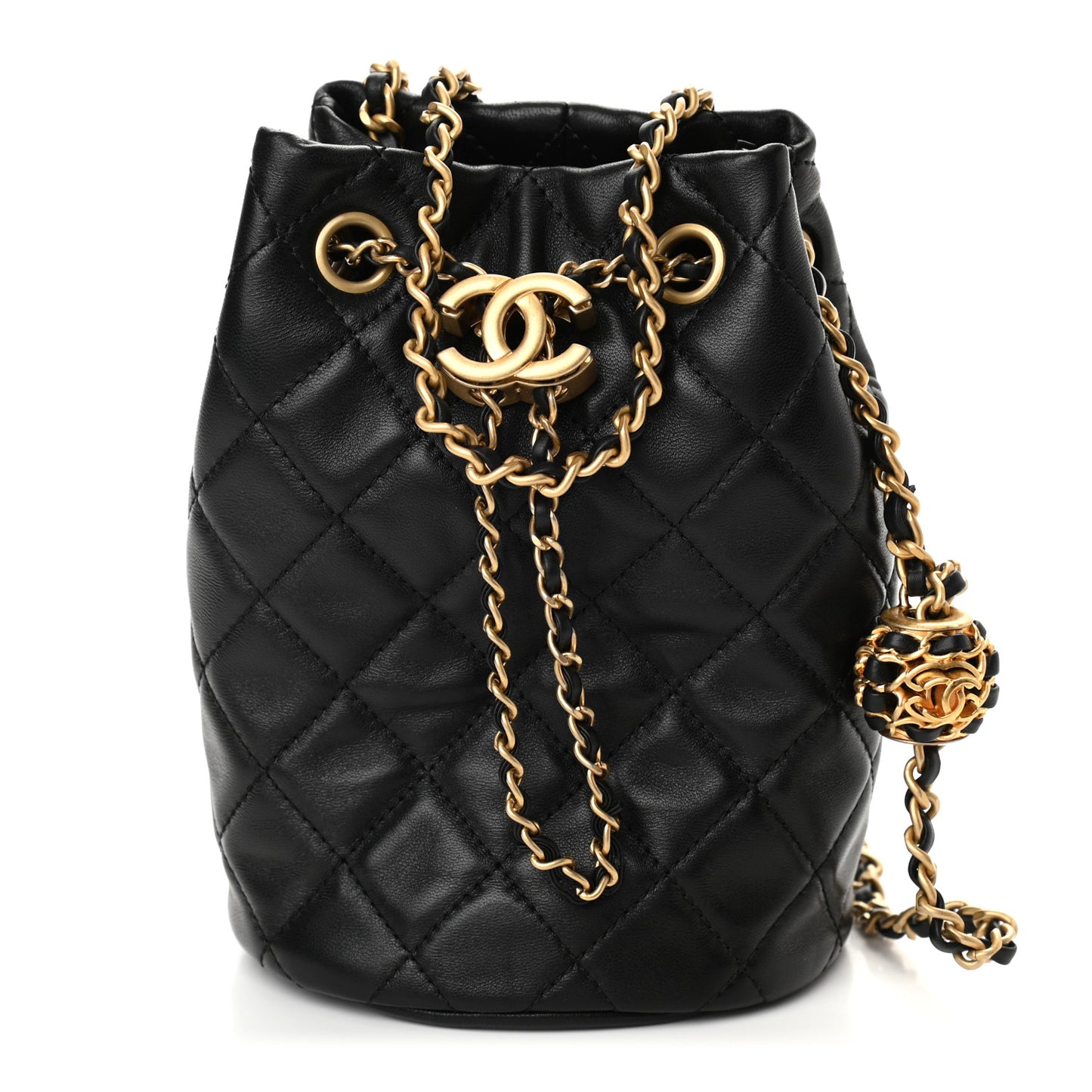 Lambskin Quilted Pearl Crush Drawstring Bag Black