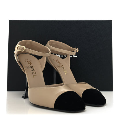 Chanel Lambskin Velvet Cap Toe Logo Pumps 37 Beige Black 9 of 9