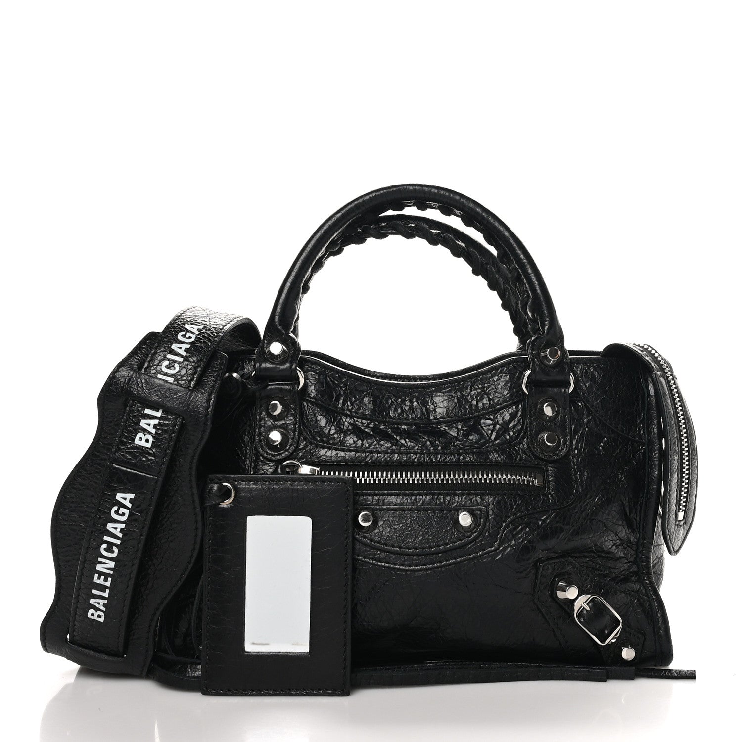 Balenciaga Agneau Classic Silver Hardware Mini City Logo Strap Black White 3 of 10