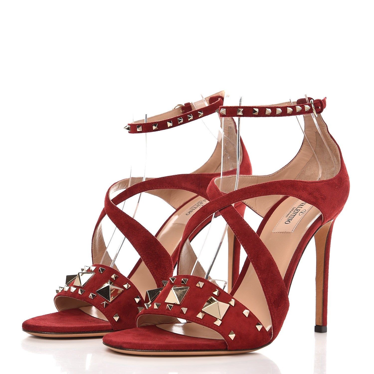 Valentino Garavani Suede Rockstud Lovestud Ankle Strap 100 Sandals 39.5 Rubino 3 of 9