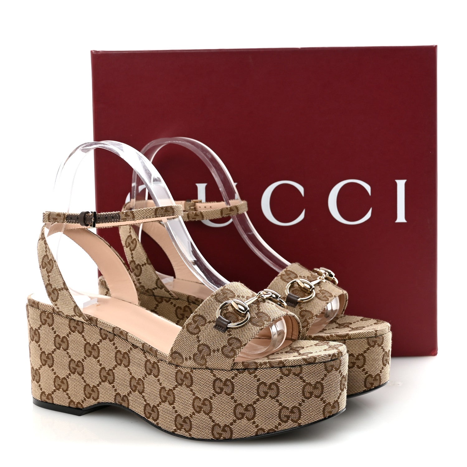 Gucci Monogram Nappa Chalotte Horsebit Ankle Strap 75mm Flatform Sandals 40 Beige Ebony 18 of 18