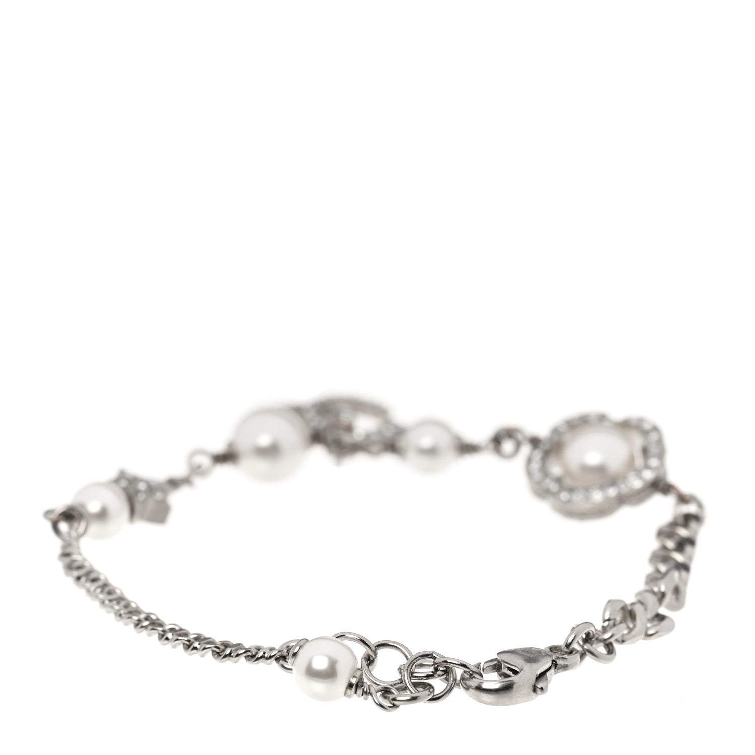 Chanel Crystal Pearl Camellia CC Coco Flapper Bracelet Silver 3 of 5