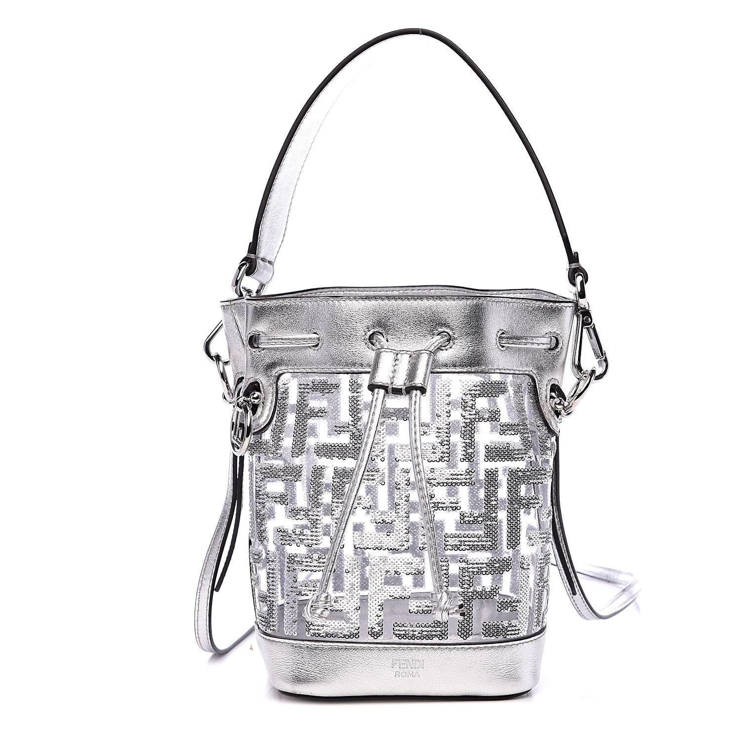 Fendi PVC Vitello Catalan Mirror Sequin F is Fendi FF Mini Mon Tresor Bucket Bag Argento 1 of 9