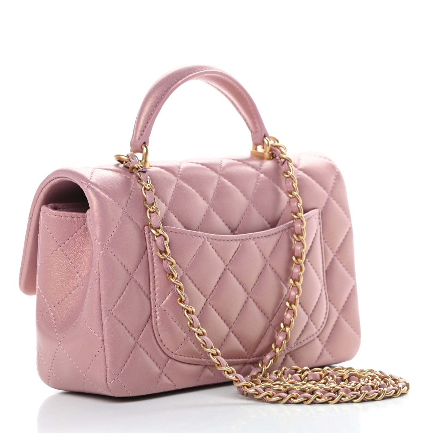 Iridescent Lambskin Quilted Mini Top Handle Rectangular Flap Pink