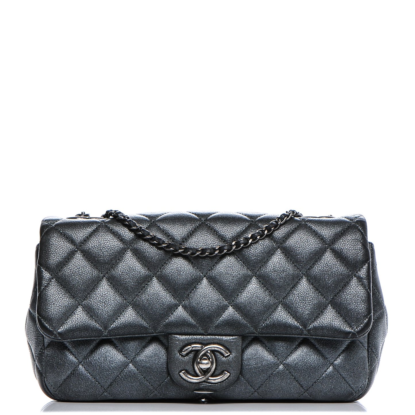 Metallic Calfskin Quilted Medium Medallion Flap Dark Silver