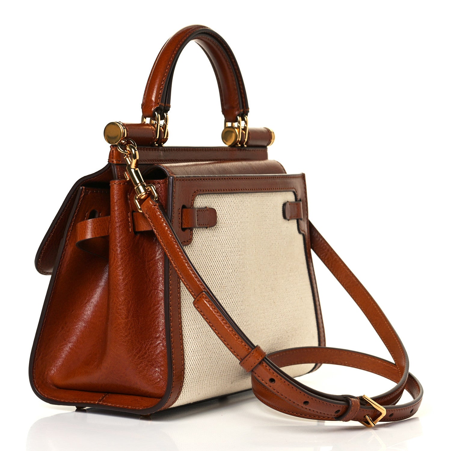 Dolce & Gabbana Canvas Calfskin Small Sicily 58 Satchel Brown Beige 2 of 11