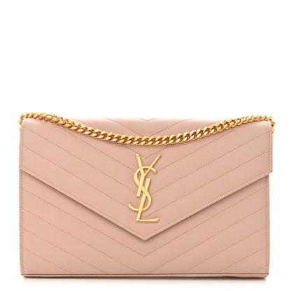 Saint Laurent Grain De Poudre Matelasse Chevron Monogram Chain Wallet Pale Pink 1 of 12
