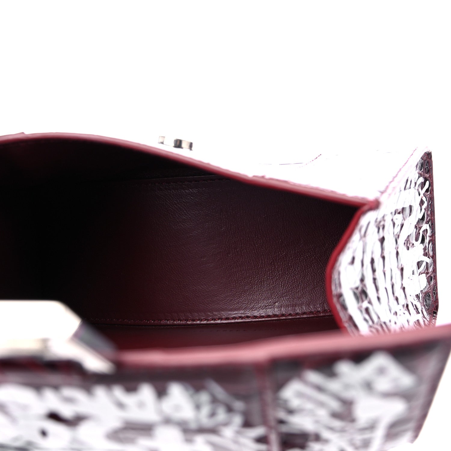 Balenciaga Calfskin Graffiti Crocodile Embossed Hourglass Top Handle Bag XS Dark Red White 5 of 10