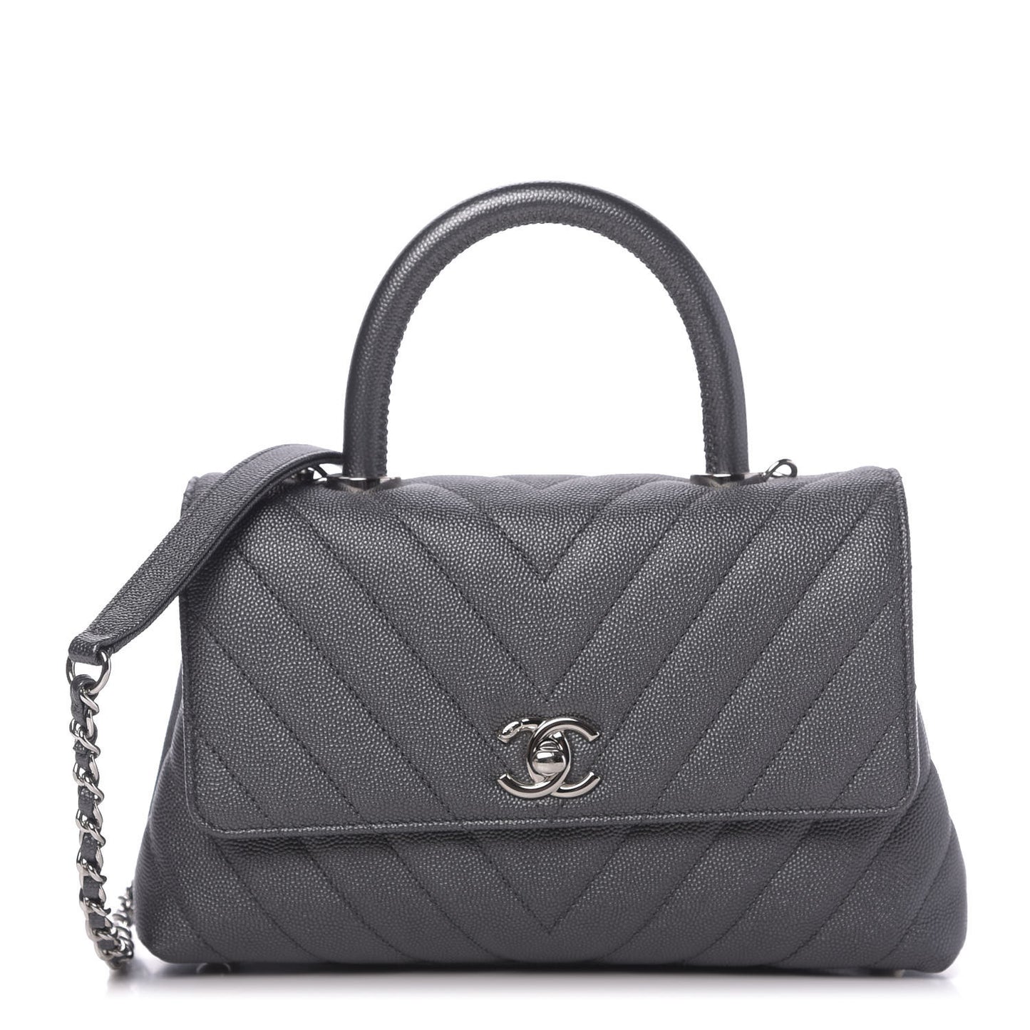 Caviar Chevron Quilted Mini Coco Handle Flap Dark Grey