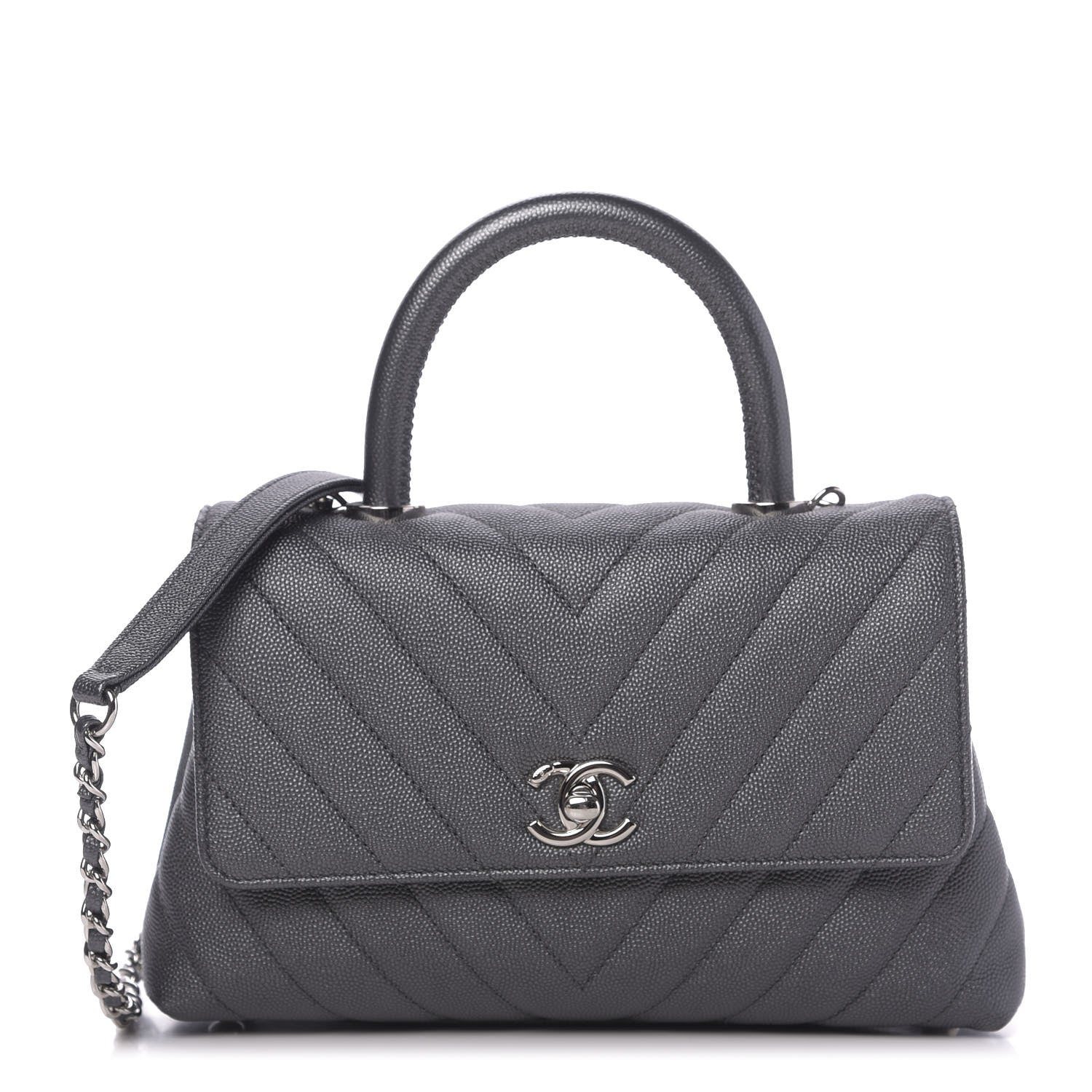 Chanel Caviar Chevron Quilted Mini Coco Handle Flap Dark Grey 1 of 10