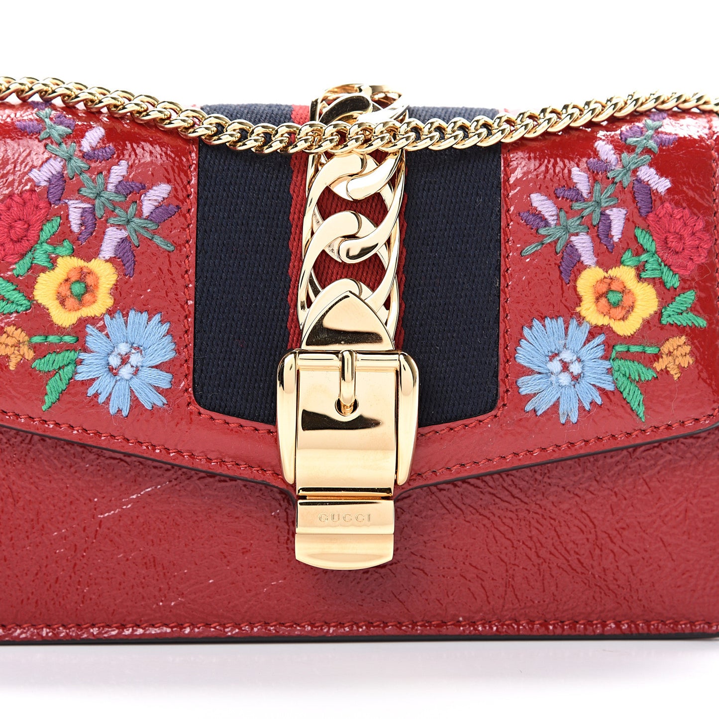 Patent Embroidered Super Mini Sylvie Chain Shoulder Bag Red