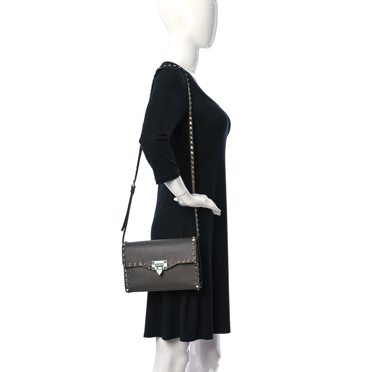 Pebbled Calfskin Medium Rockstud Flip Lock Crossbody Bag Navy