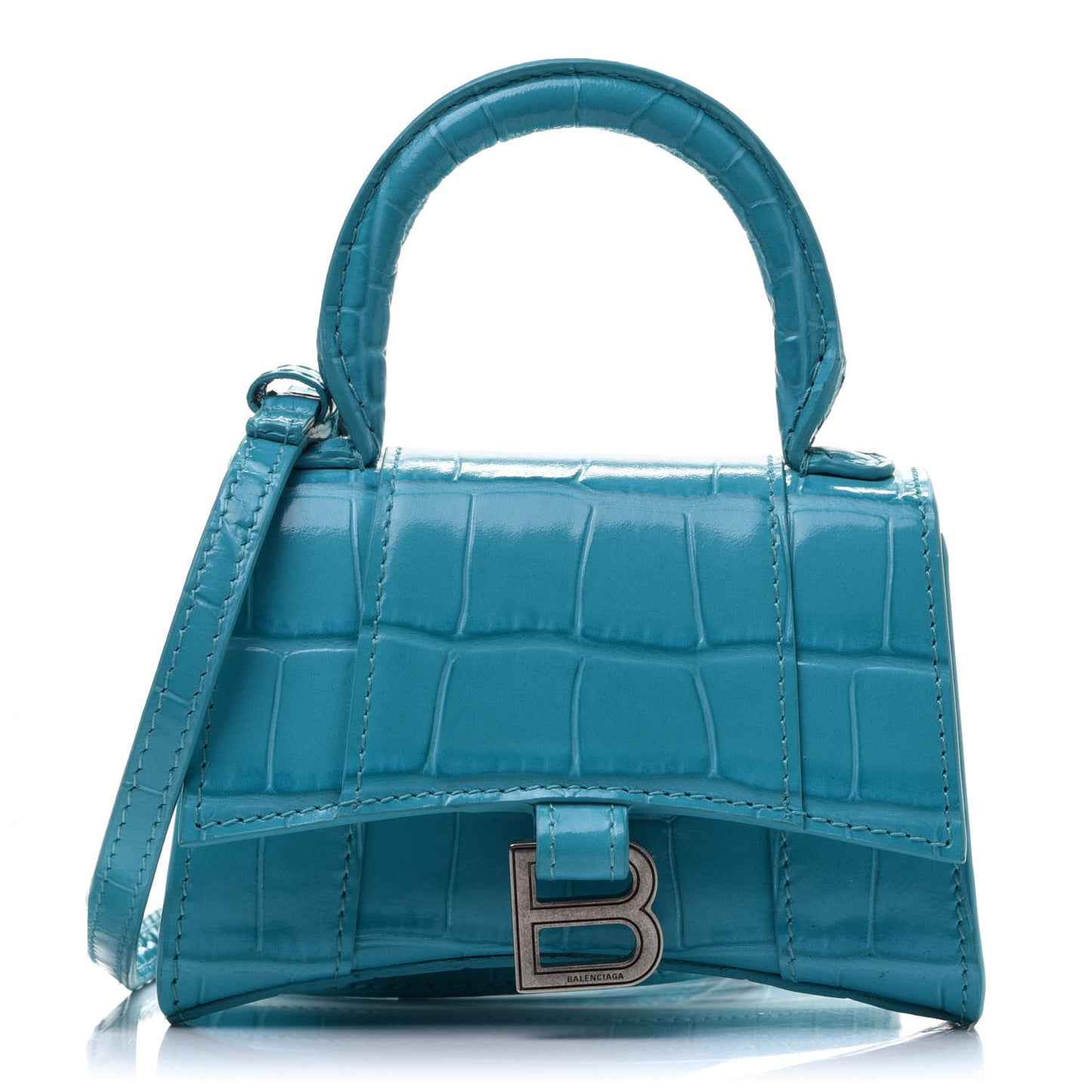 Shiny Calfskin Crocodile Embossed Hourglass Top Handle Bag Mini Turquoise