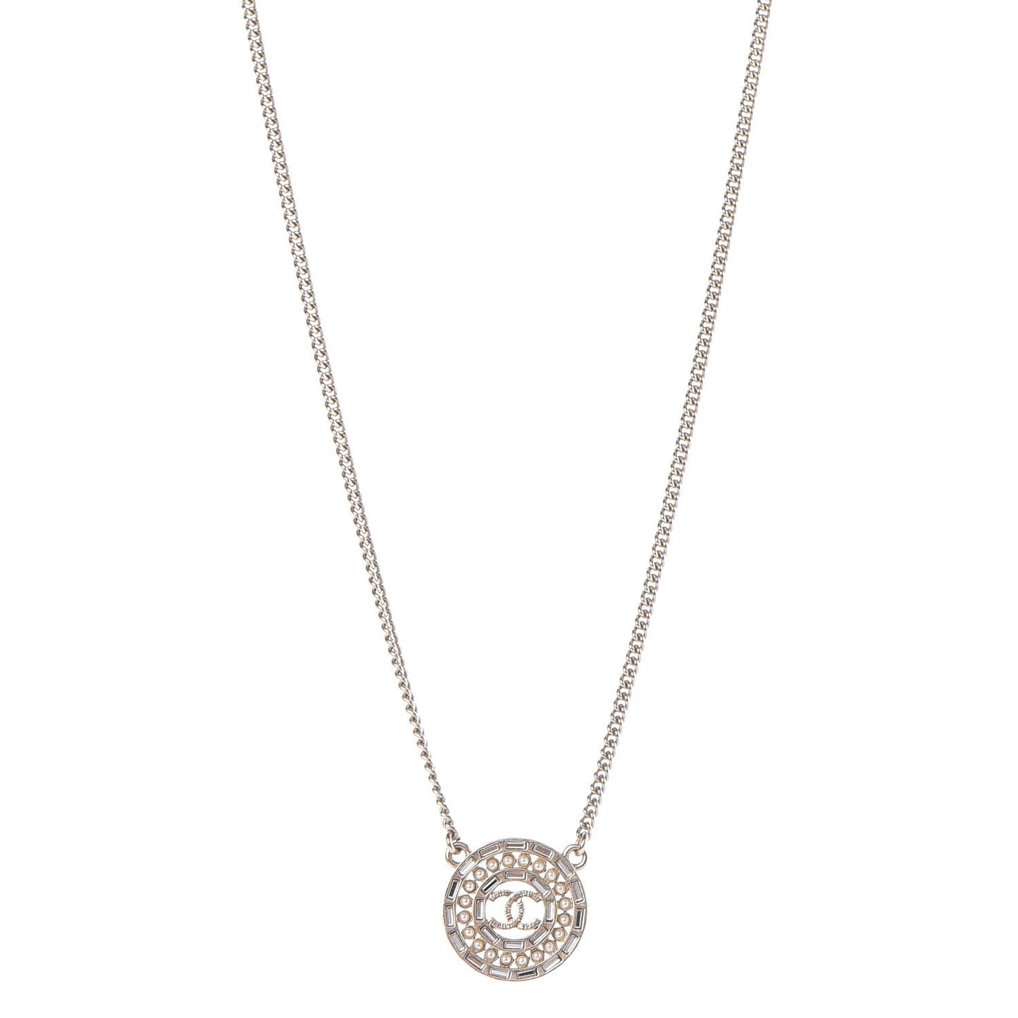Crystal Pearl CC Medallion Necklace Gold