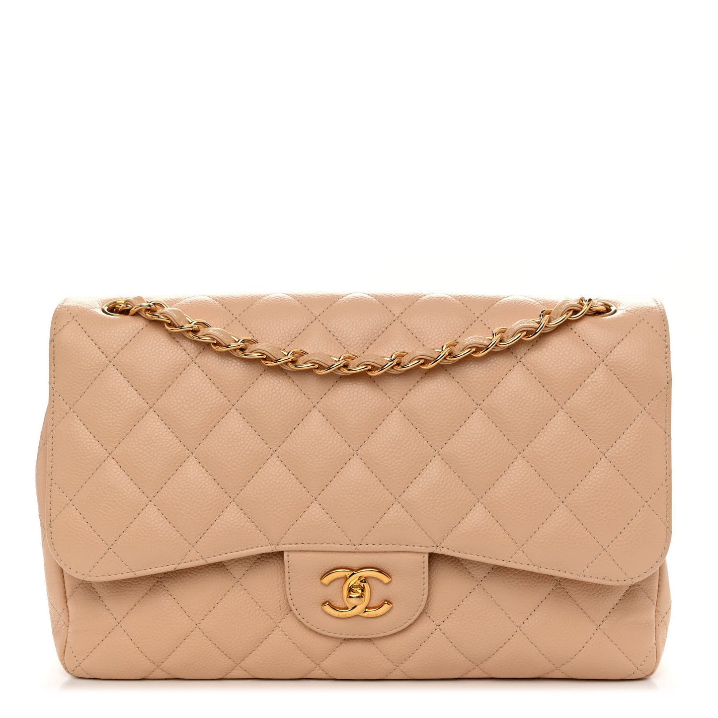 Caviar Quilted Jumbo Double Flap Beige
