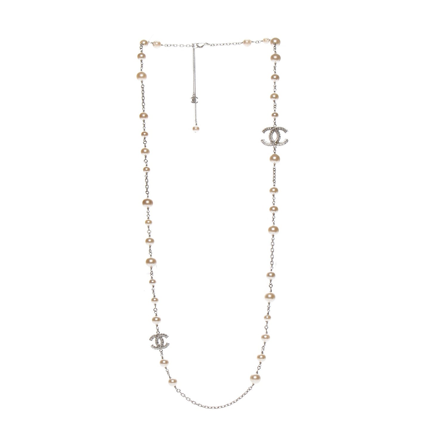 Pearl Baguette Crystal CC Long Necklace Silver