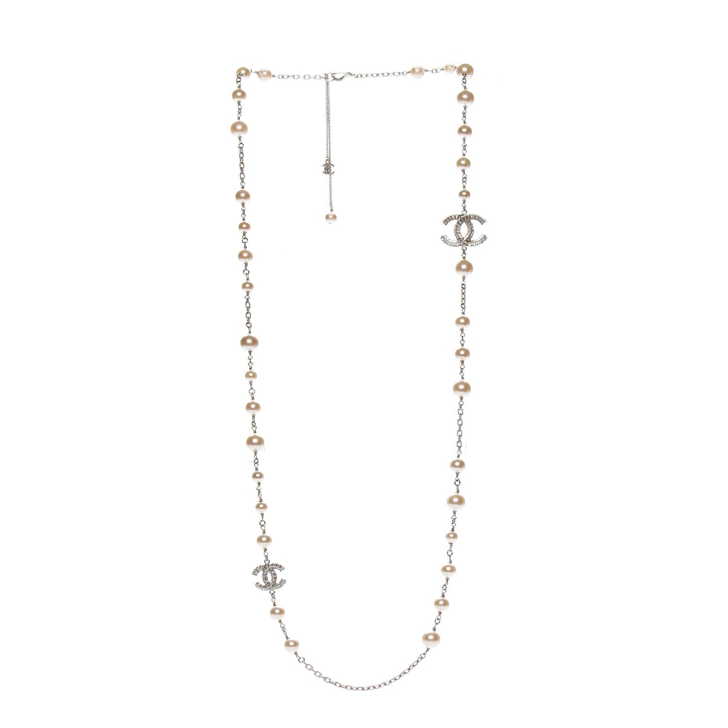 Chanel Pearl Baguette Crystal CC Long Necklace Silver 3 of 6
