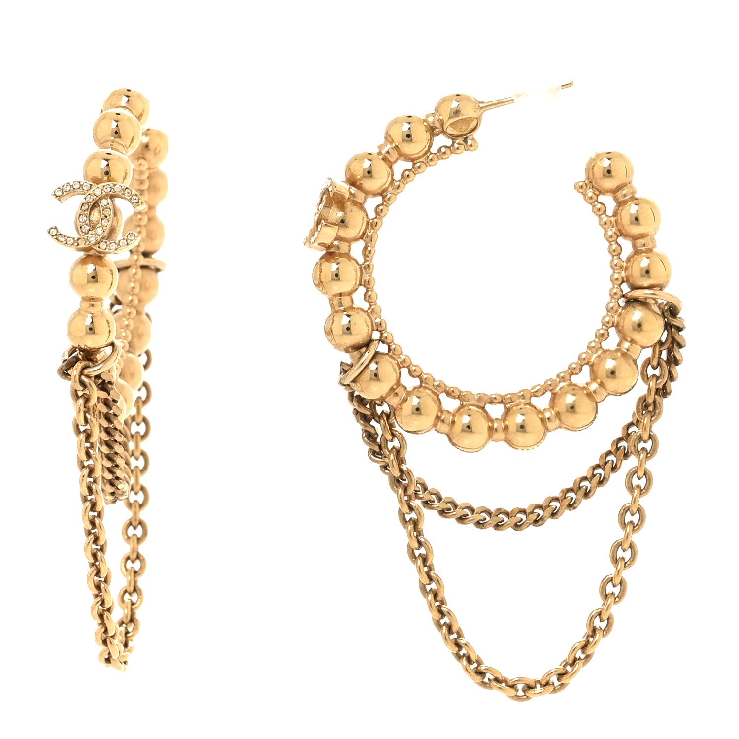 Chanel Metal Crystal Bead Chain CC Hoop Earrings Gold 1 of 6