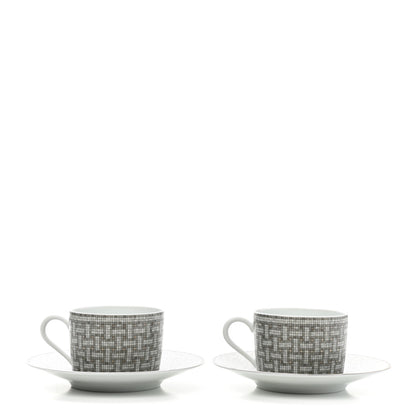 Hermes Porcelain Mosaique Au 24 Platine Tea Cup And Saucer Set Of 2 Platinum 1 of 12
