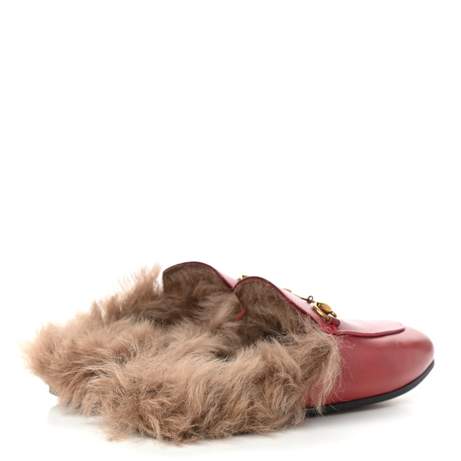 Gucci Betis Glamour Calfskin Fur Womens Princetown Slippers 35.5 Hibiscus Red Naturale 4 of 13