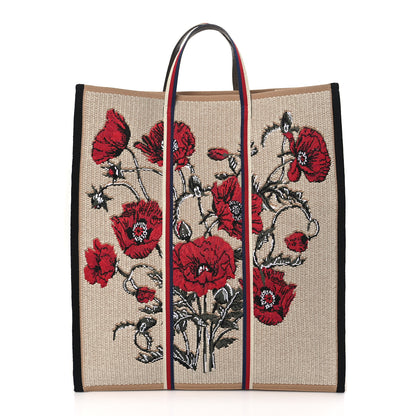 Gucci Canvas Woven Floral Embroidered Vertical Tote Beige Multicolor 1 of 8