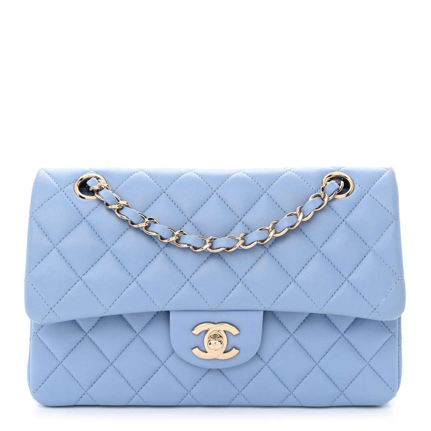 Lambskin Quilted Small Double Flap Light Blue