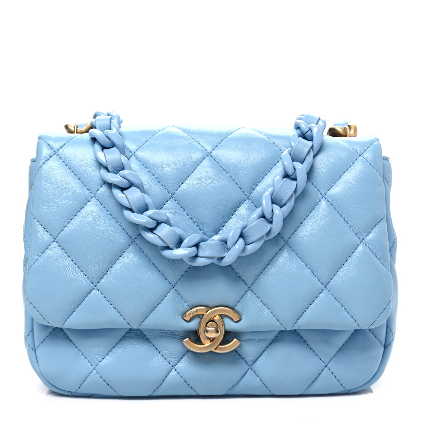 Lambskin Quilted Small Lacquered Chain Flap Light Blue