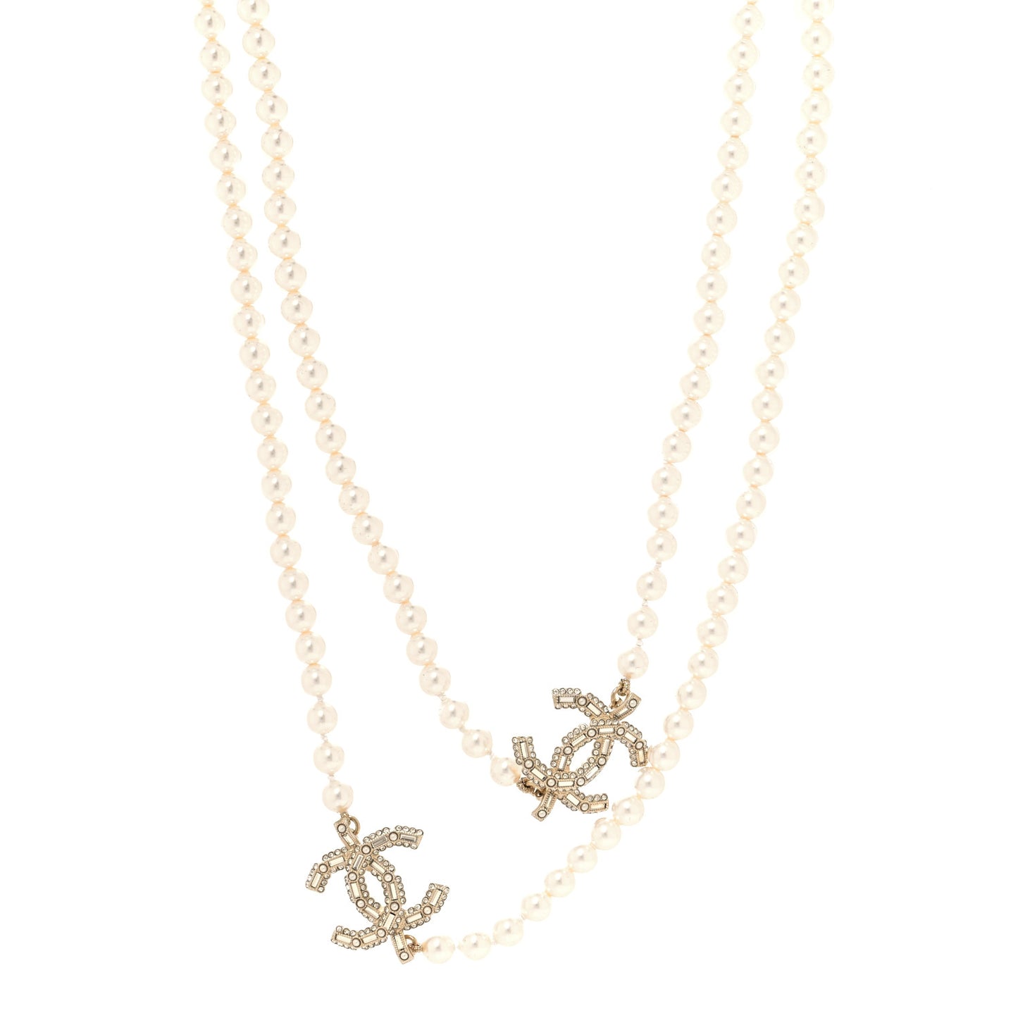 Pearl Baguette Crystal CC Long Necklace Gold