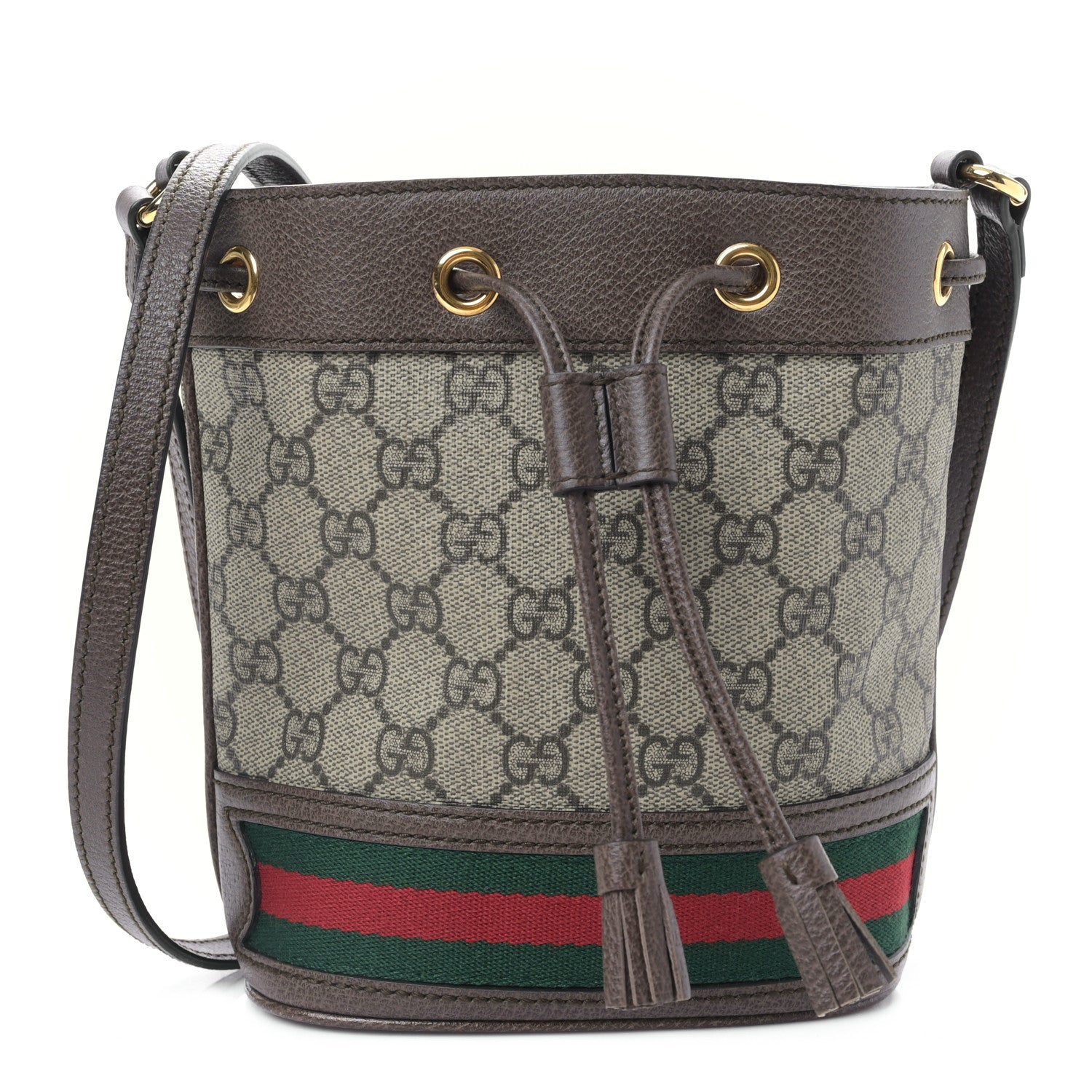 Gucci GG Supreme Monogram Web Mini Ophidia Bucket Bag Brown 1 of 9