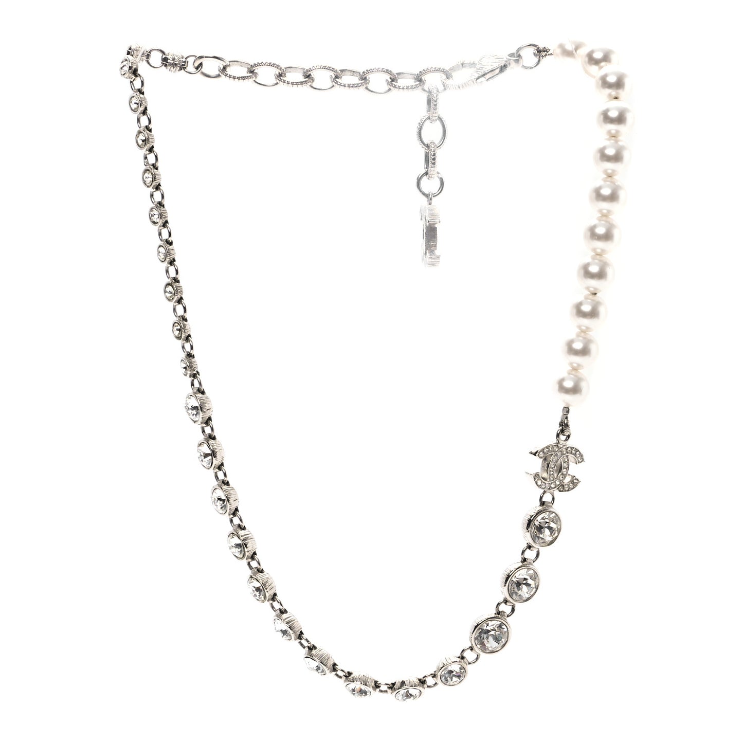 Pearl Crystal CC Choker Necklace Silver