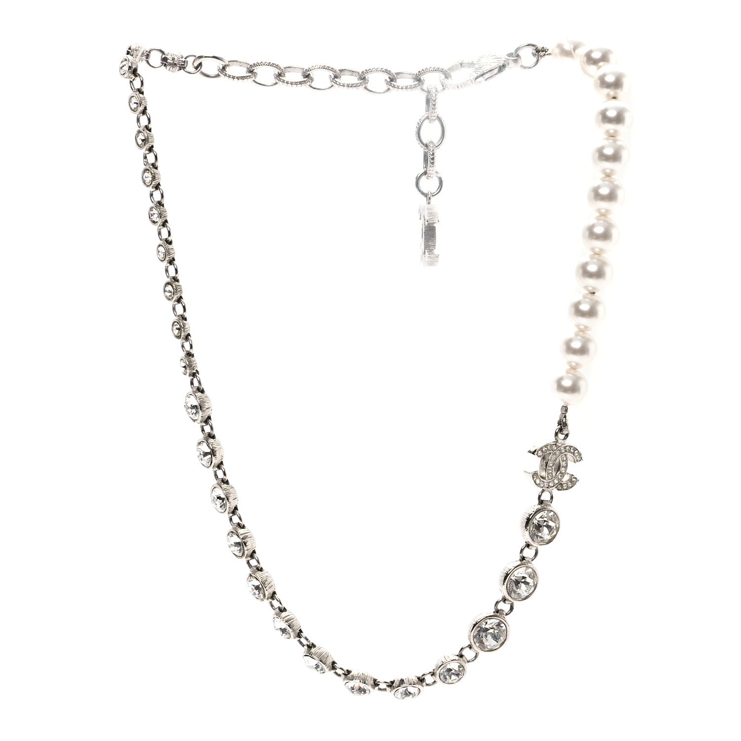 Chanel Pearl Crystal CC Choker Necklace Silver 3 of 5