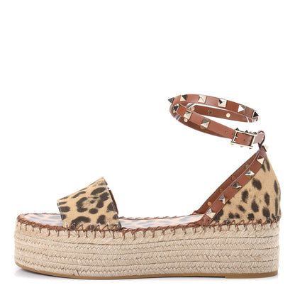 Valentino Garavani Canvas Leopard Print Rockstud Ankle Wrap Espadrille Flatform Sandals 41 Brown 1 of 8